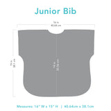 Diagram of Bumkins Junior Bib: Hearts. Grey, waterproof, stain-resistant, 16x15. Central cutout with cm measurements shown.