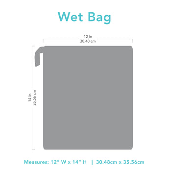 Illustration of Bumkins Wet Bag: Camp Gear in gray, 12x14, waterproof fabric, with top zipper.