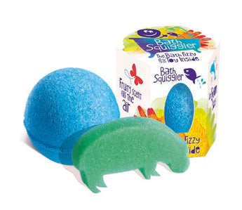The Bath Squiggler Fizz & Toy by Loot Toys dissolves to reveal a green hippo, releasing a fruity fragrance into the air.