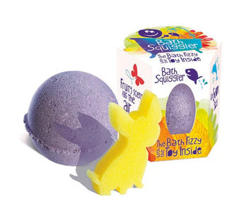 The Loot Toys Bath Squiggler Fizz & Toy features a fizzy ball with a yellow sponge animal, fruity scent, and colorful packaging.