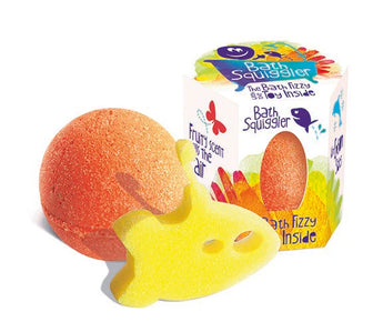 Orange bath bomb, yellow fish soap next to a vibrant Loot Toys Bath Squiggler Fizz & Toy box fill the air with fruity fragrance.