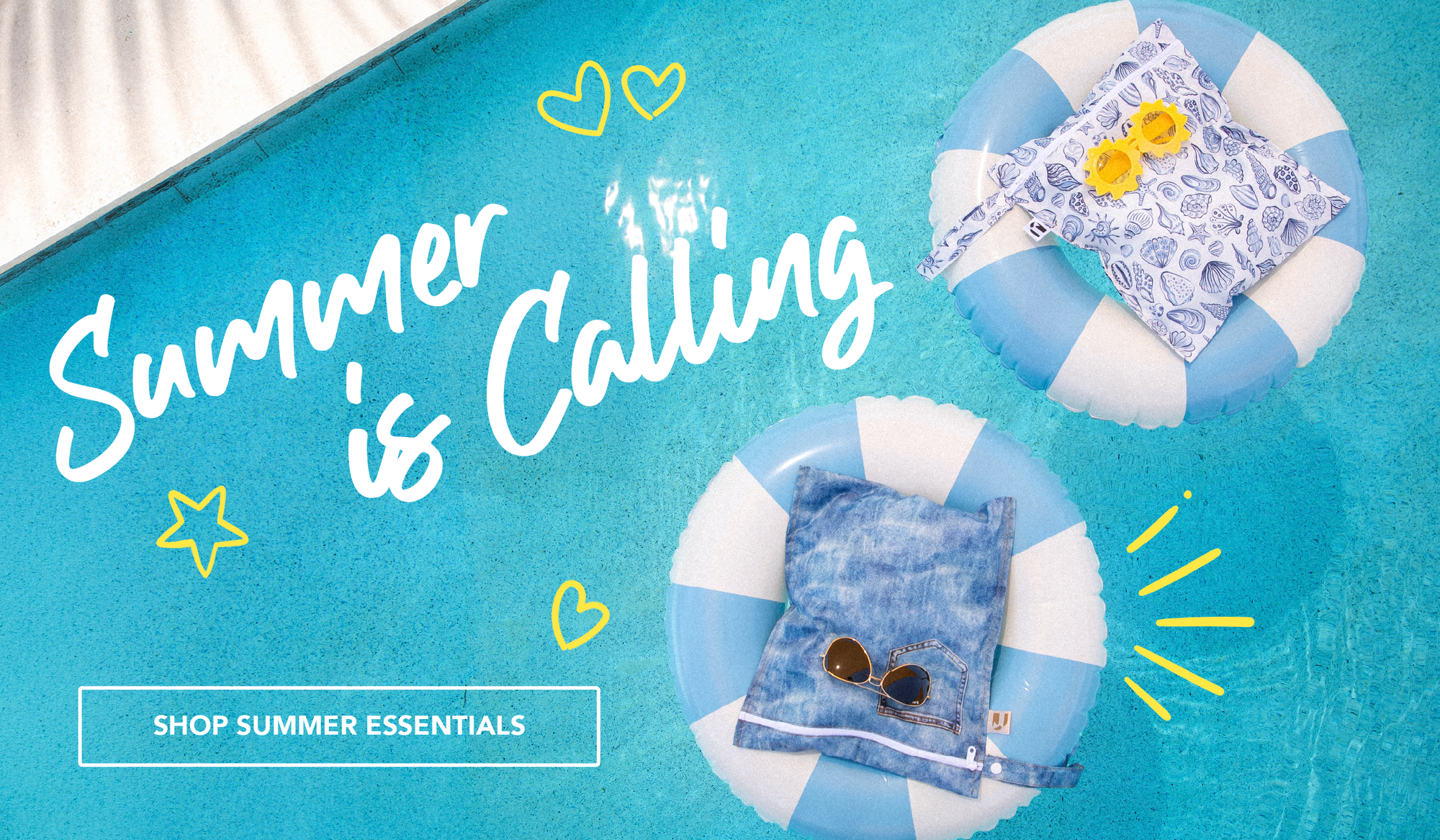 Two bags with sunglasses rest on inner tubes in a teal pool with text "Summer is Calling" and rectangular button "Shop Summer Essentials."