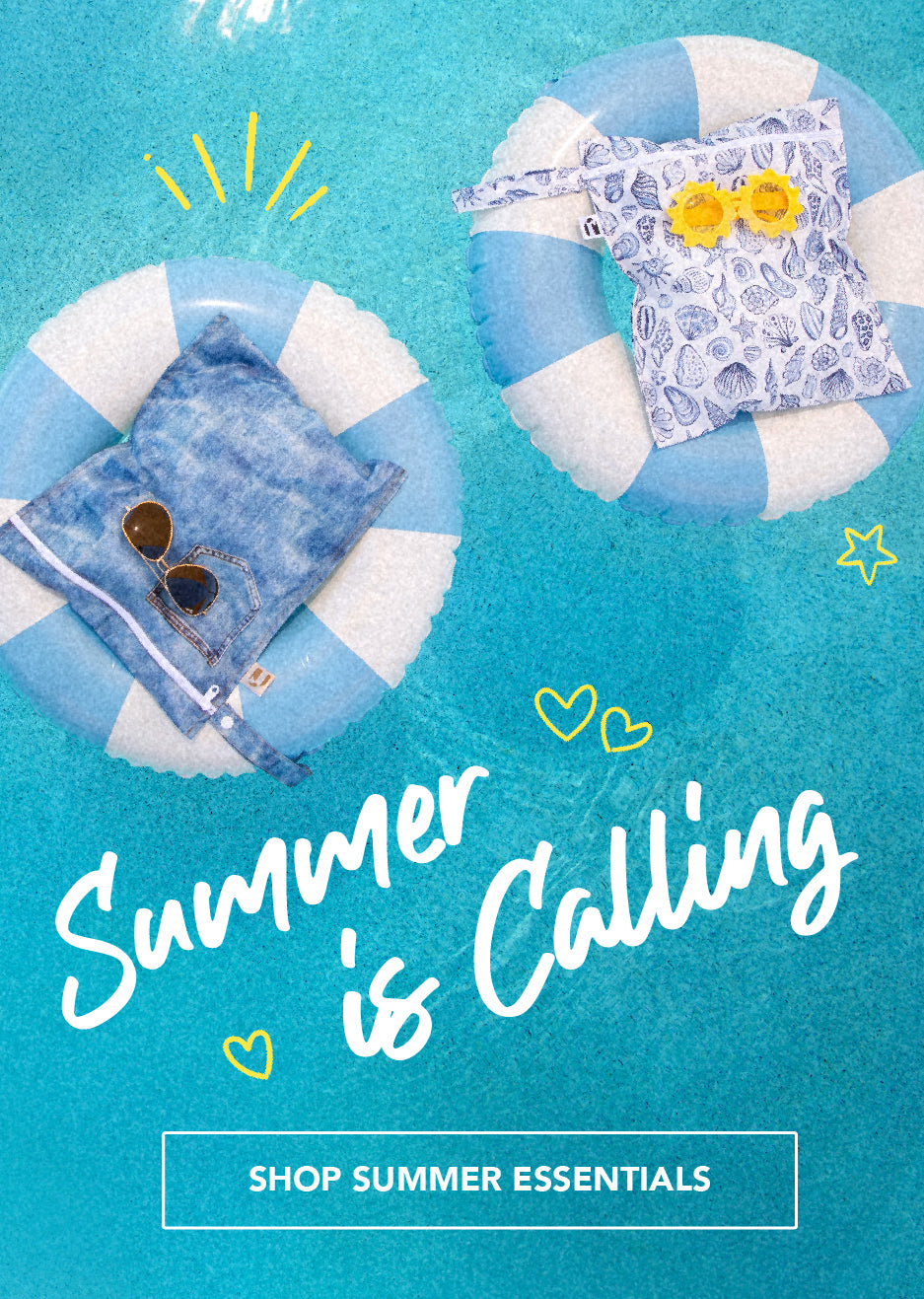 Two bags with sunglasses rest on inner tubes in a teal pool with text "Summer is Calling" and rectangular button "Shop Summer Essentials."