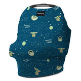 Milk Snobs Star Wars The Child car seat cover features a space-themed design with green creatures, hats, stars, and Precious Cargo.