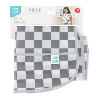 Bumkins Junior Bib: Charcoal Check is shown folded on white cardboard packaging.