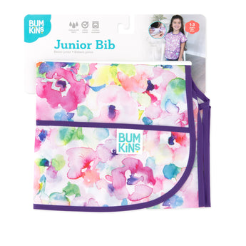 Bumkins Junior Bib: Watercolor features a colorful floral design with purple trim, waterproof fabric, and crumb catcher.