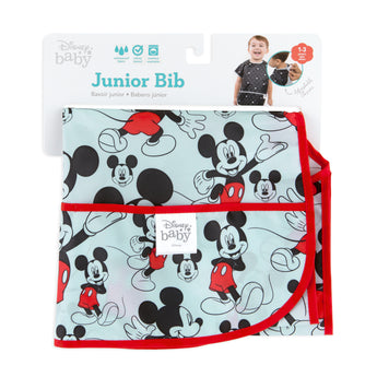 Bumkins Junior Bib: Mickey Mouse Classic is shown folded on white cardboard packaging.
