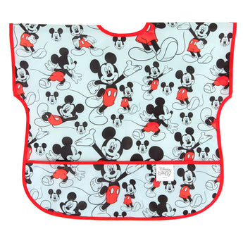 Bumkins Junior Bib: Mickey Mouse Classic features Mickey Mouse illustrations on light blue waterproof fabric with red trim and front pocket.