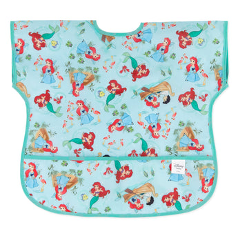 Bumkins Junior Bib: Ariel is a waterproof bib with various Ariel designs on a light blue background, perfect for toddlers.