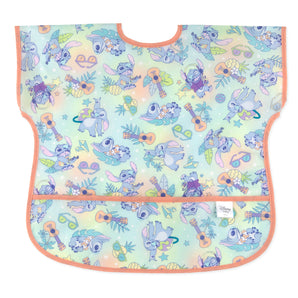 Bumkins Junior Bib: Disney Aloha Stitch is a pastel waterproof bib with tropical Disney Stitch designs, front pocket, and adjustable closure.