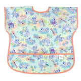 Bumkins Junior Bib: Disney Aloha Stitch is a pastel waterproof bib with tropical Disney Stitch designs, front pocket, and adjustable closure.
