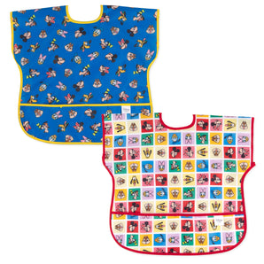 Bumkins Junior Bib 2 Pack: Mickey & Friends Excellent Eight—colorful kids’ bibs with Disney designs on blue and red.