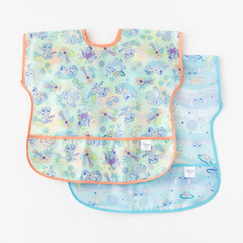 Bumkins Junior Bib 2 Pack: Stitch Star-ring Up Trouble lays overlapped on a white background.
