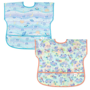 Bumkins Junior Bib 2 Pack: Stitch Star-ring Up Trouble features 2 waterproof bibs with Stitch designs, front pockets, & adjustable closures.