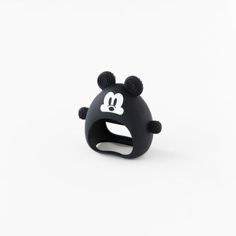 A teether from Bumkins On-The-Go Mealtime 5-Piece Set: Mickey + Minnie Mouse Sunny Side Up Blue sits on a white background.