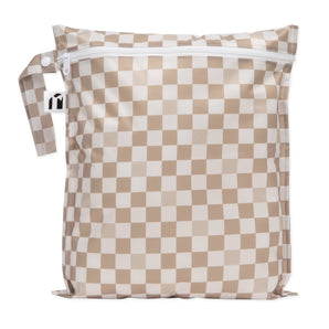Bumkins Wet Bag: Sand Check is a tan checkered waterproof bag with zipper closure and side handle.
