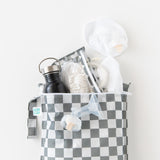 Bags from Bumkins The Chaos Coordinator Deluxe 5-Piece Set: Charcoal Check hold breast pump parts and a water bottle on a white background.