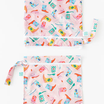 Bumkins Wet Bag + Wet/Dry Bag Set: Boots is vertically arranged on a white background with only the top half of the bags visible.