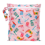 Roamio by Bumkins Wet Bag: Boots features pink waterproof fabric with colorful cowboy boot patterns and a snap handle.