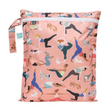 Bumkins Wet Bag: Yoga Pals—features a pattern of people and animals doing yoga, with heat-sealed seams, a zipper, and a side handle.
