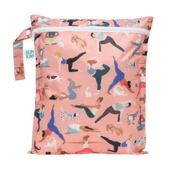 Bumkins Wet Bag: Yoga Pals—features a pattern of people and animals doing yoga, with heat-sealed seams, a zipper, and a side handle.