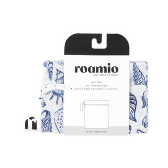 Roamio by Bumkins Wet Bag: Shells is shown folded in black & white cardboard packaging.