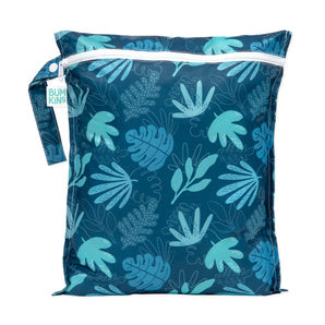 Bumkins Wet Bag: Blue Tropic is a zippered, dark blue waterproof bag with a side handle and blue leaf motif.