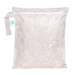 Bumkins Wet Bag: Wander is a beige waterproof bag with white abstract patterns, a zipper, and a handle—perfect for reusable needs.