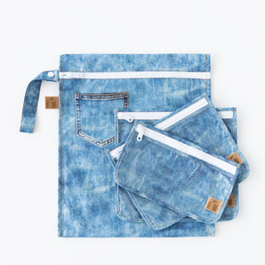 Roamio by Bumkins The Commuter Essential 4-Piece Set: Denim on Denim lays stacked on a white background.