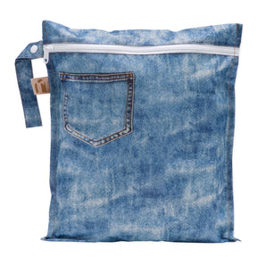 Roamio by Bumkins Wet Bag: Vintage Denim—zippered pouch with a small pocket design made of blue denim printed waterproof fabric.