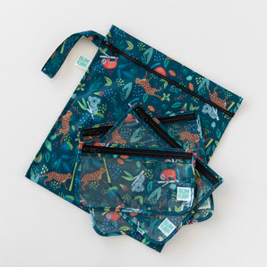 Bumkins Wet Bag + Clear Travel Bag 3 Pack Set: Jungle—ideal travel essentials gift with fun animal prints.