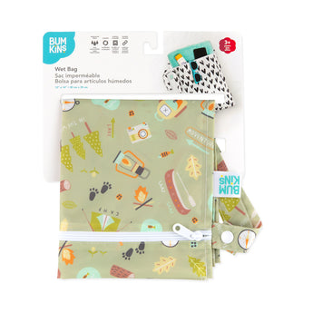 Bumkins Wet Bag: Camp Gear features waterproof fabric with tents, trees, and includes a smaller bag.