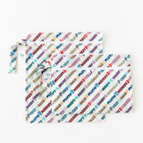 Bumkins Wet Bag + Wet/Dry Clutch Set: Disney Mickey & Friends Varsity lays overlapped on a white background.