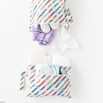 Bumkins Wet Bag + Wet/Dry Clutch Set: Disney Mickey & Friends Varsity holds clothes, diapers, and baby essentials on a white background.