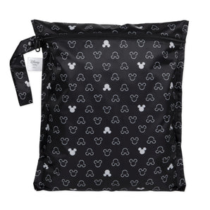 Bumkins Wet Bag: Mickey Mouse Icon Black + White is a black waterproof zippered pouch with a white Mickey Mouse silhouette pattern.
