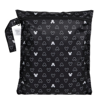 Bumkins Wet Bag: Mickey Mouse Icon Black + White is a black waterproof zippered pouch with a white Mickey Mouse silhouette pattern.