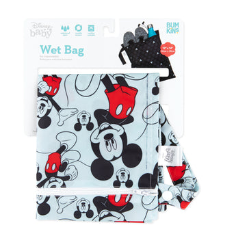 Bumkins Mickey Mouse Classic is a reusable wet bag made from waterproof fabric, shown in packaging.