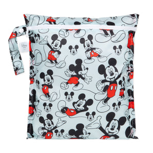 Bumkins Wet Bag: Mickey Mouse Classic features Mickey Mouse illustrations on blue waterproof fabric with a zipper closure & side handle.