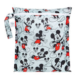 Bumkins Wet Bag: Mickey Mouse Classic features Mickey Mouse illustrations on blue waterproof fabric with a zipper closure & side handle.