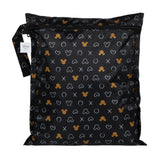 Bumkins Wet Bag: Minnie Mouse Icon Black + White is a black zippered waterproof pouch featuring Minnie Mouse silhouettes and white designs.