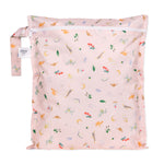 Bumkins Wet Bag: Princess Magic is a pink waterproof bag with a princess-themed icon pattern, zipper closure, & side handle.