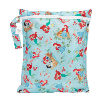 Bumkins Wet Bag: Disney Princess Ariel showcases The Little Mermaid characters on waterproof fabric, with heat-sealed seams and a zipper closure.