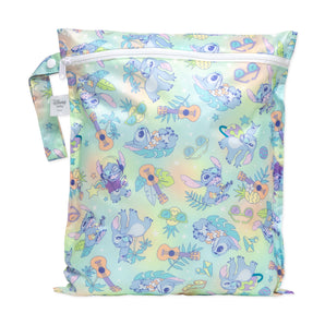 Bumkins Wet Bag: Aloha Stitch features pastel tropical patterns with Stitch illustrations, ukuleles, pineapples, and tropical leaves.