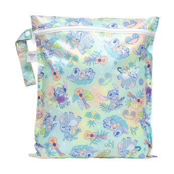 Bumkins Wet Bag: Aloha Stitch features pastel tropical patterns with Stitch illustrations, ukuleles, pineapples, and tropical leaves.
