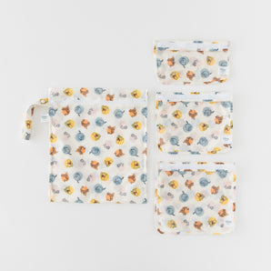 Bumkins Wet Bag + Clear Travel Bag 3 Pack Set: Disney Winnie + Friends, ideal for travel organization, shown on a white background.