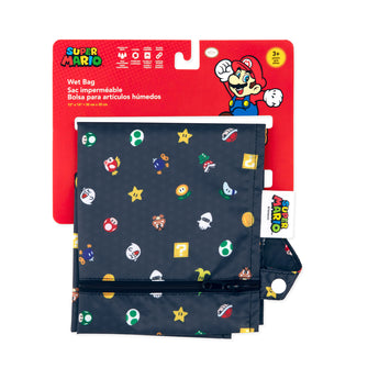 Bumkins Wet Bag: Super Mario™ Lineup is shown folded on red cardboard packaging with a cartoon illustration.