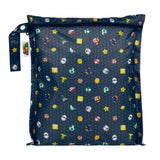 Bumkins Wet Bag: Super Mario™ Lineup features video game icons on black waterproof fabric with a zipper closure and side handle.