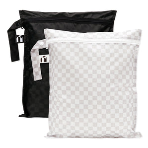Roamio by Bumkins Wet Bag 2 Pack: Rich & Boujee—waterproof, checkered bags with zipper and snap-strap handles.