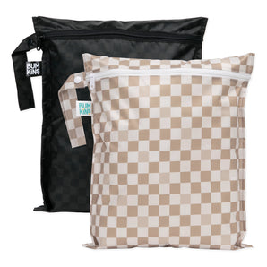 Bumkins Wet Bag 2 Pack in Sand & Black Check: waterproof, reusable bags with zippers and handles.