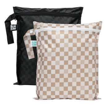 Bumkins Wet Bag 2 Pack in Sand & Black Check: waterproof, reusable bags with zippers and handles.